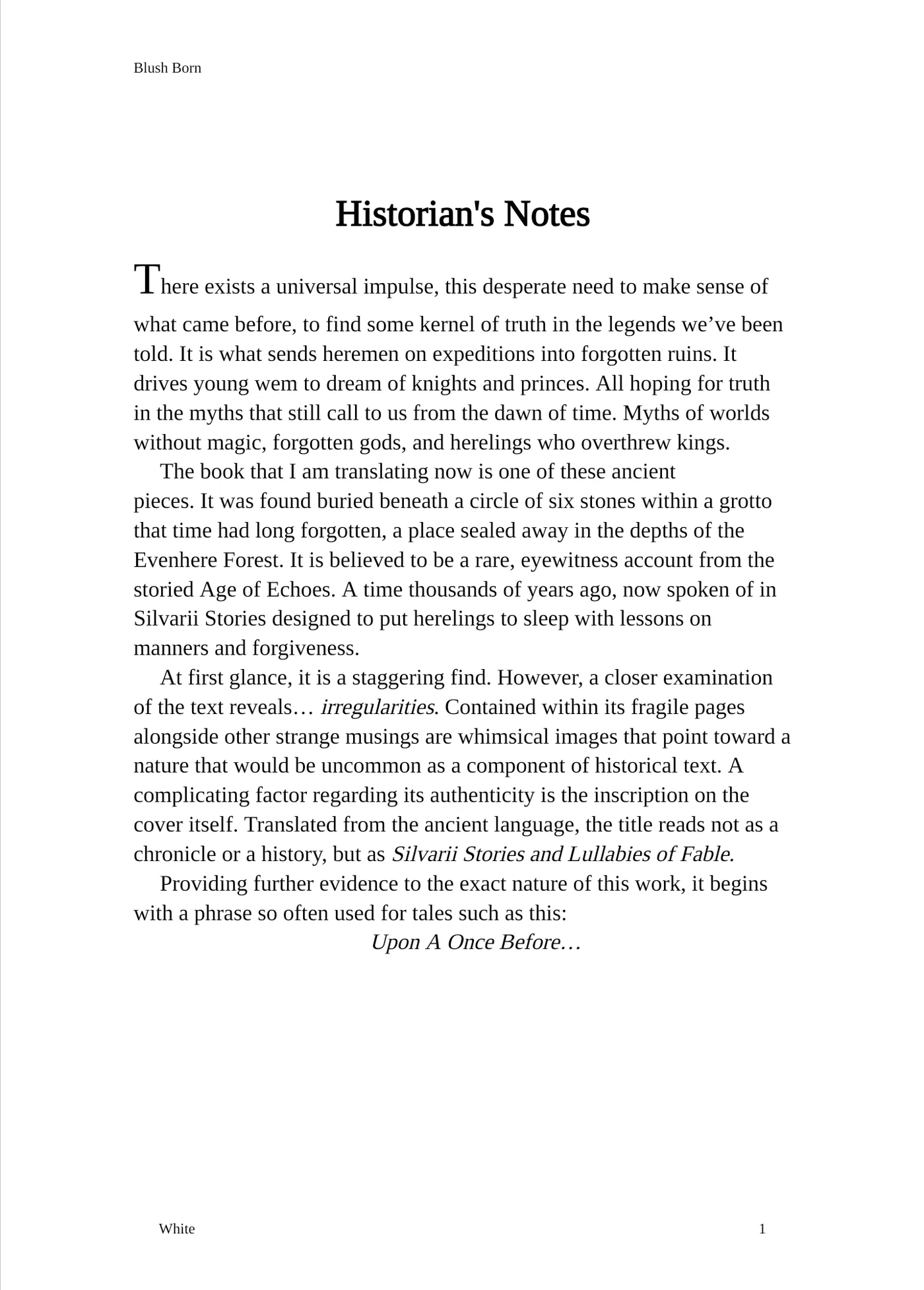 Historian's Notes, page 1 of Blush Born